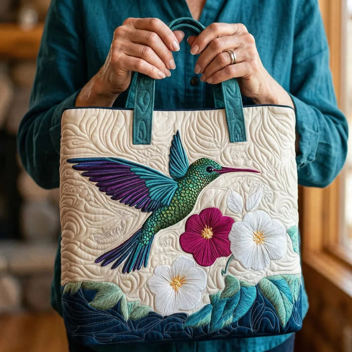Hummingbird &amp; White Flower Bag Quilted Tote Bag
