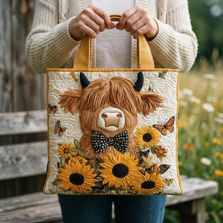 Sunflower Embellished Bag Featuring Highland Cow Quilted Tote Bag
