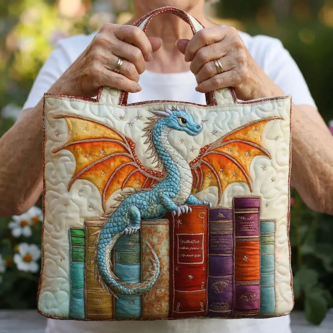 Emerald Dragon Keeper Of Books Quilted Tote Bag
