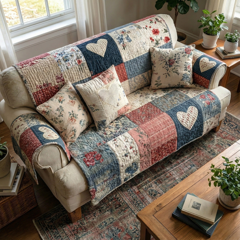 Retro Floral Heart Quilted Sofa Cover