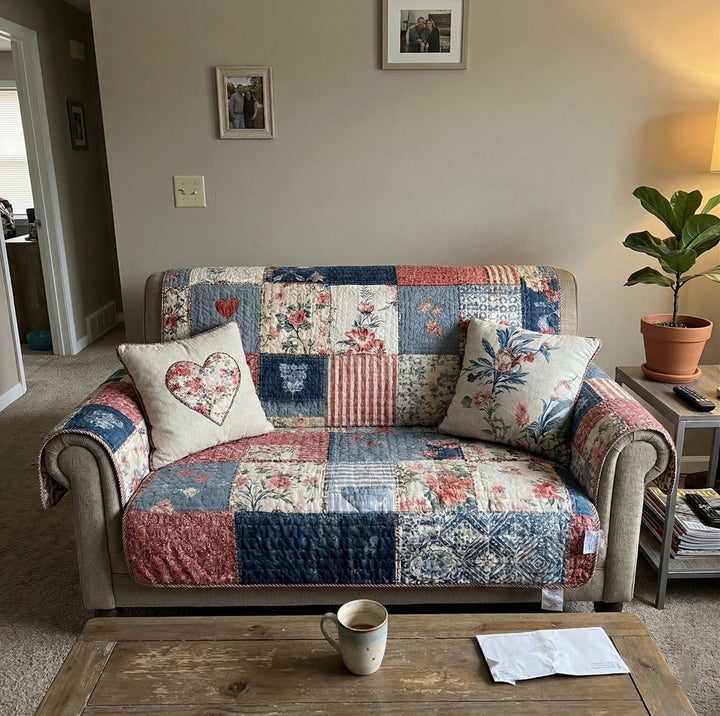 Cottage Charm Heart Quilted Sofa Cover