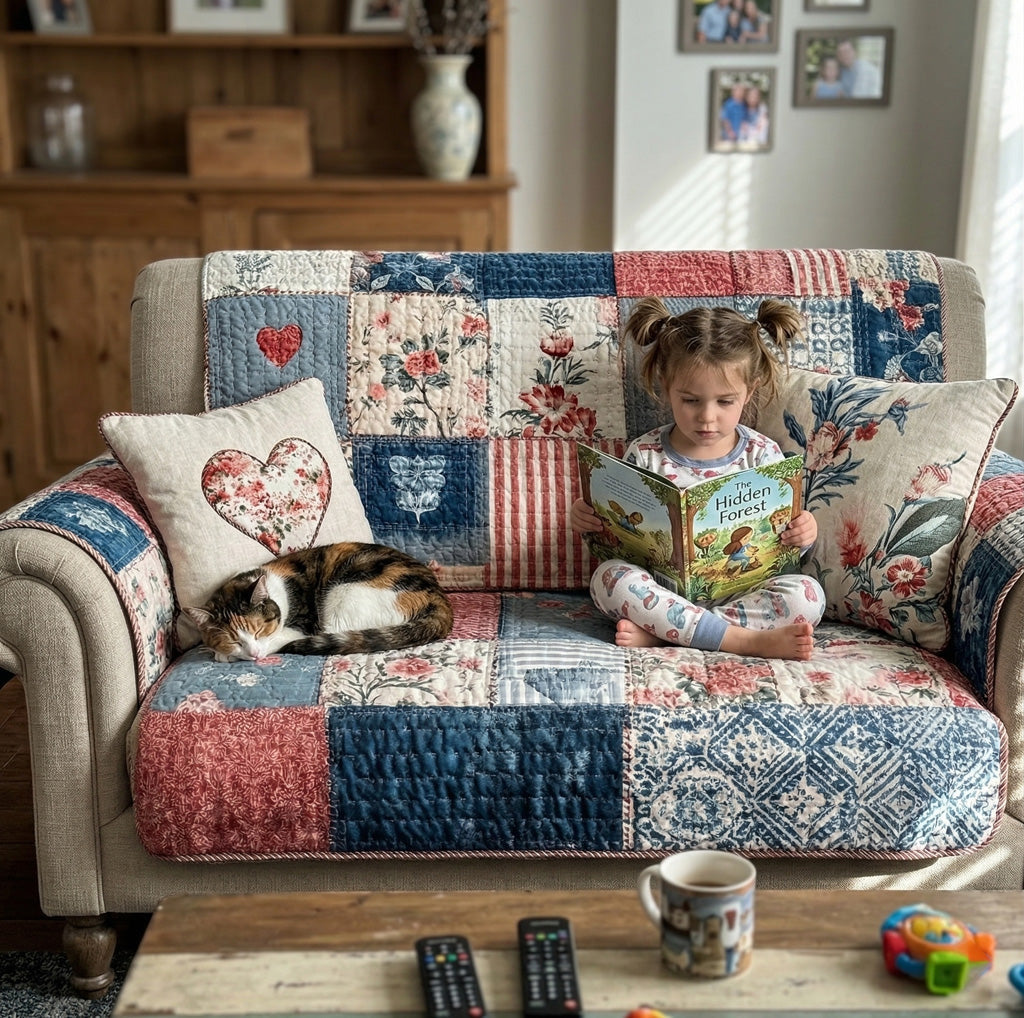 Cottage Charm Heart Quilted Sofa Cover